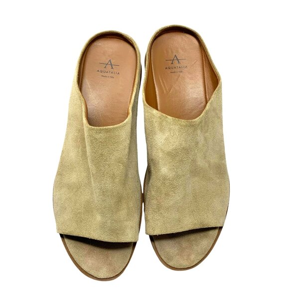 Aquatalia Anne Tan Suede Low Wedge Open Toe‎ Mules - Picture 5 of 12